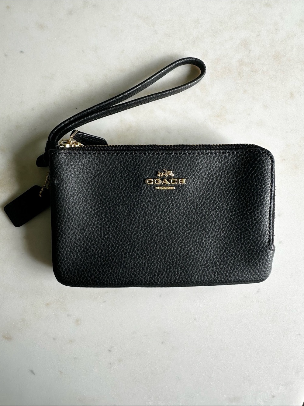 Coach Black Pebbled Leather Double Corner Zip Wristlet with Gold Logo